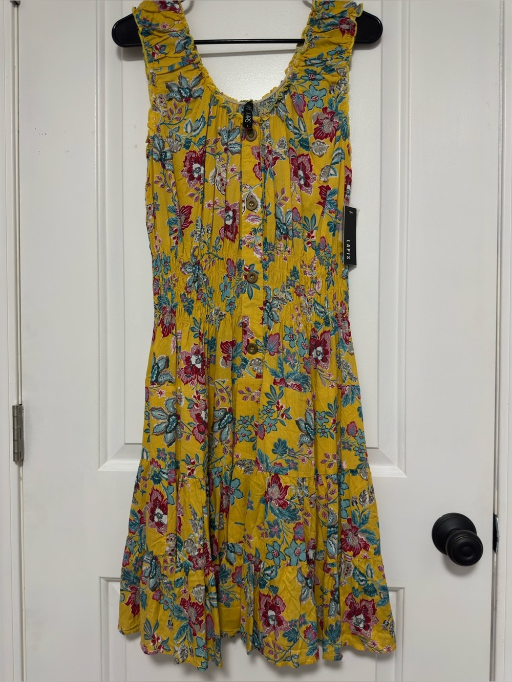 Lapis Yellow Floral Smocked Sundress with Blue and Red Accents